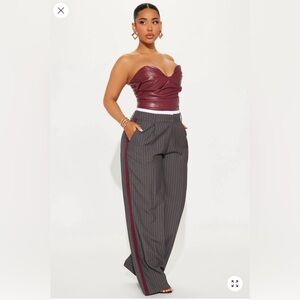 Stylish Gray Pinstripe Double Waistband Trousers with Burgundy Accents